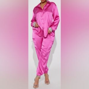 Fashion Nova MAKE IT BLING Satin Jogger Set - Hot Pink Women's Size S